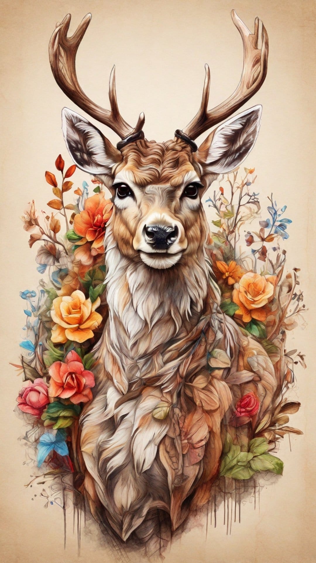 Deer adorned with orange marigolds and yellow flowers, featuring a gentle expression and soft forest lighting.