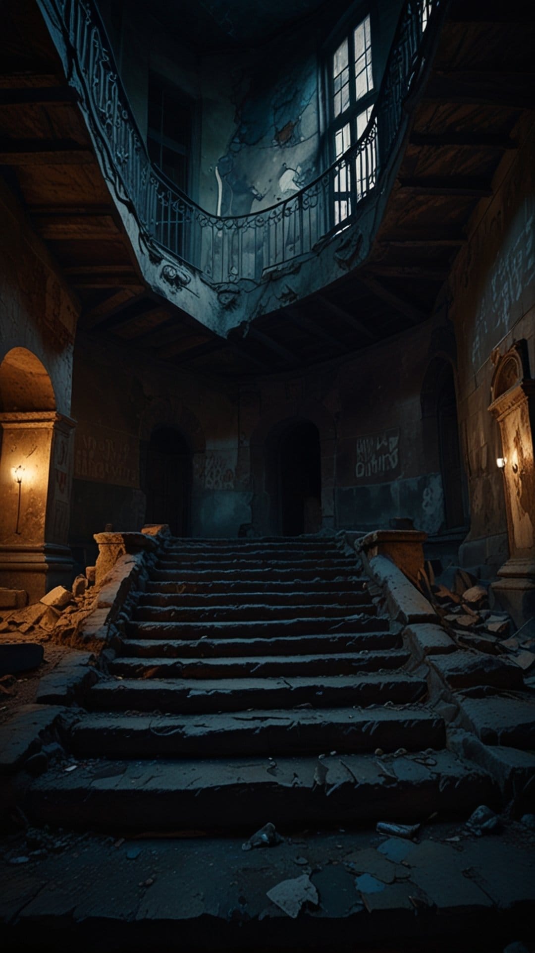 Ornate stone staircase with a curved metal railing spiraling upward in a dark, debris-filled derelict hall.
