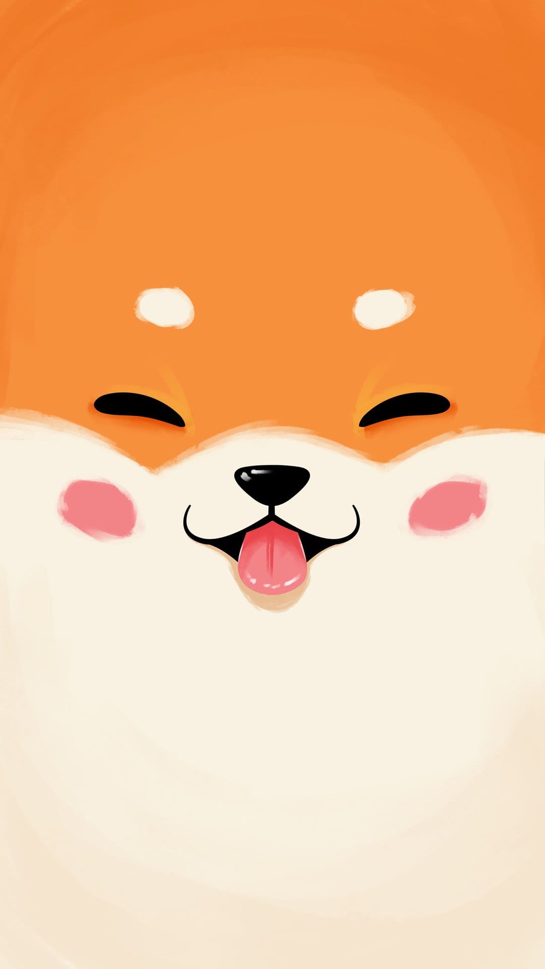 Shiba Inu puppy face with closed eyes, pink blushing cheeks, and a tongue sticking out on a light background.