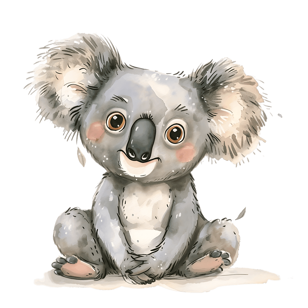 Koala watercolor illustration sitting with clasped paws, featuring soft grey fur, pink cheeks, and fluffy ears.