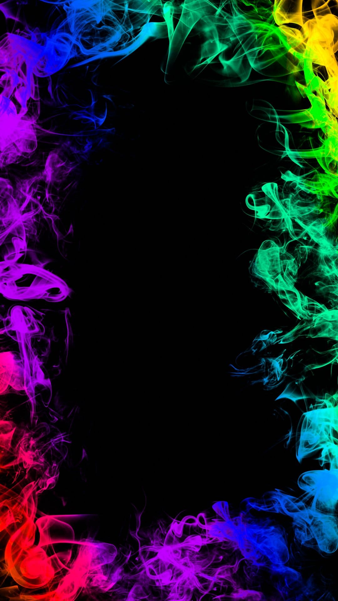 Multicolored wispy smoke plumes form a rectangular border against a solid dark black background in portrait.