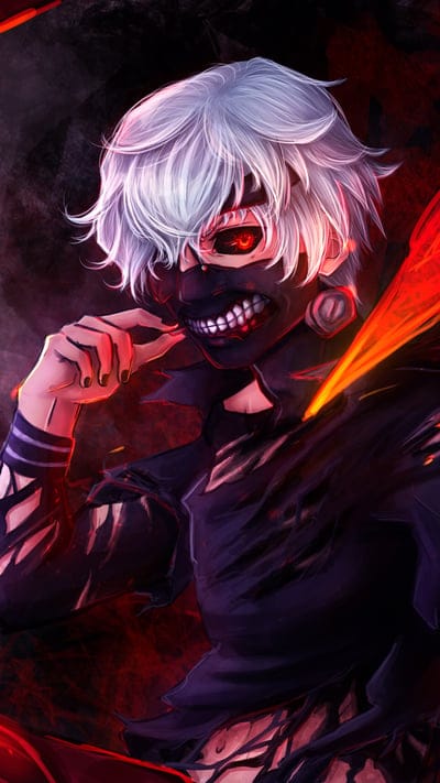 Kaneki Ken, Tokyo Ghoul, anime, ghoul mask, white hair, red eye, chaotic, intense, fan art, character, psychological, dark fantasy, transformation, sharp teeth, masked, thrilling, digital art, kagune, Rinkaku