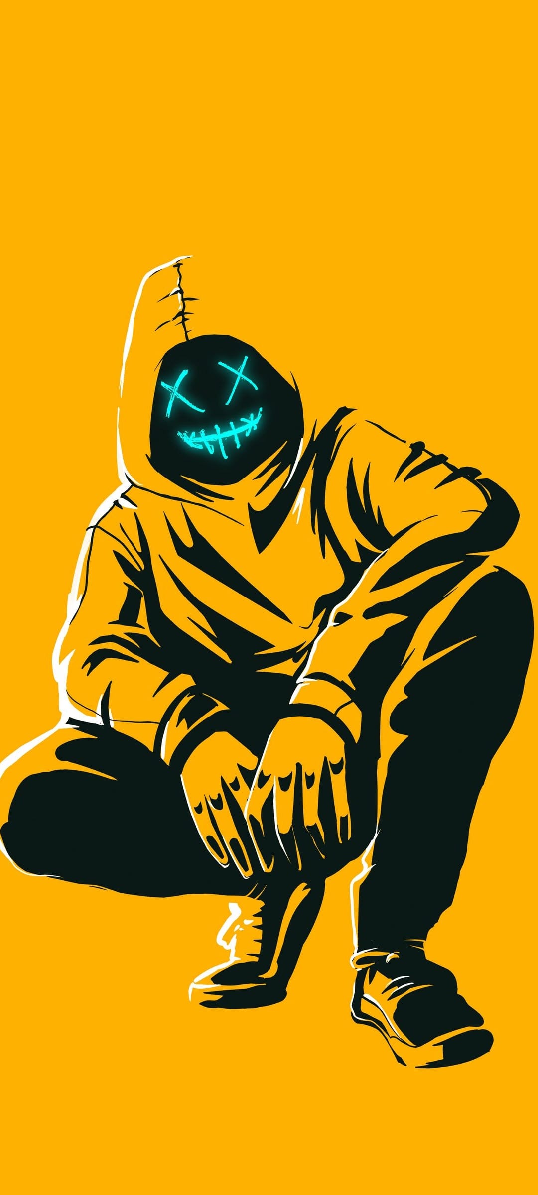 Hooded figure wearing a glowing neon mask with X-shaped eyes against a solid vibrant yellow background.