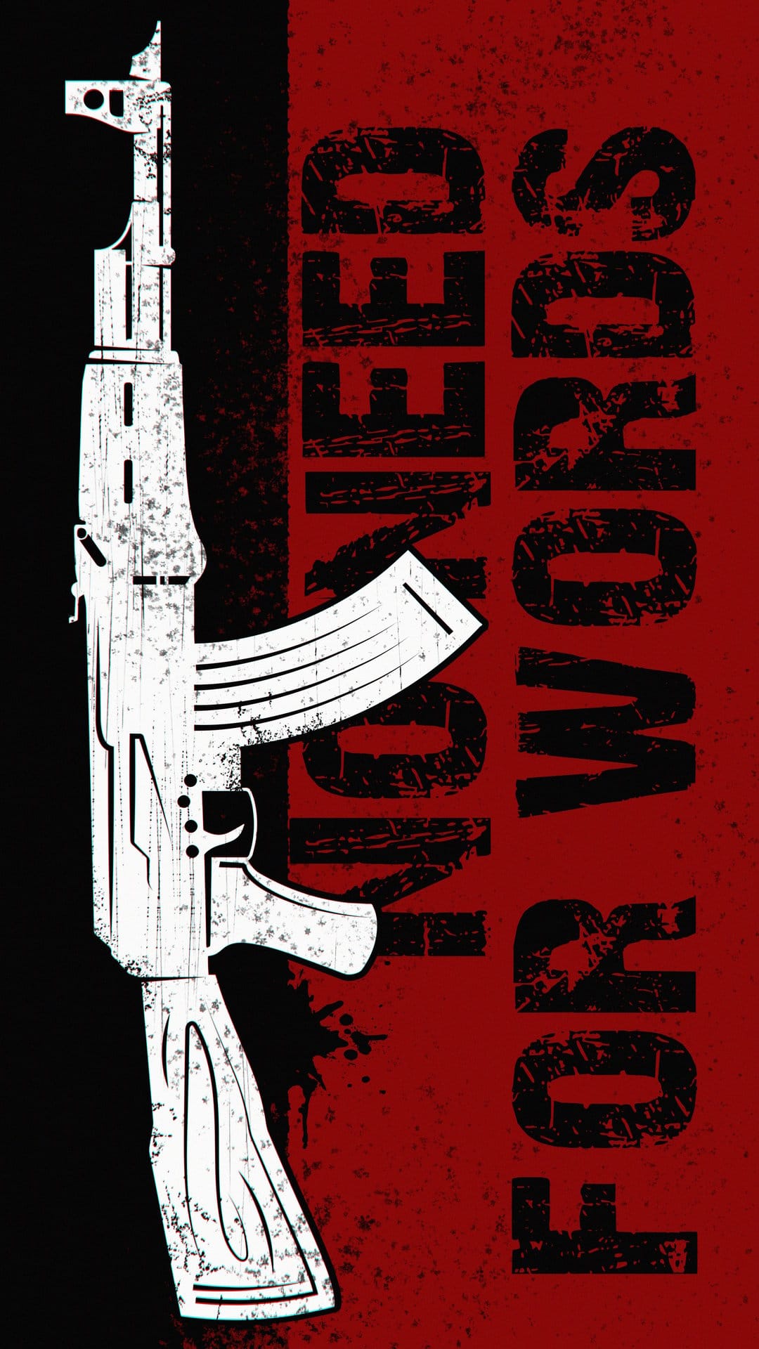 White AK-47 silhouette and distressed text set against a split black and red backdrop for phone home screens.