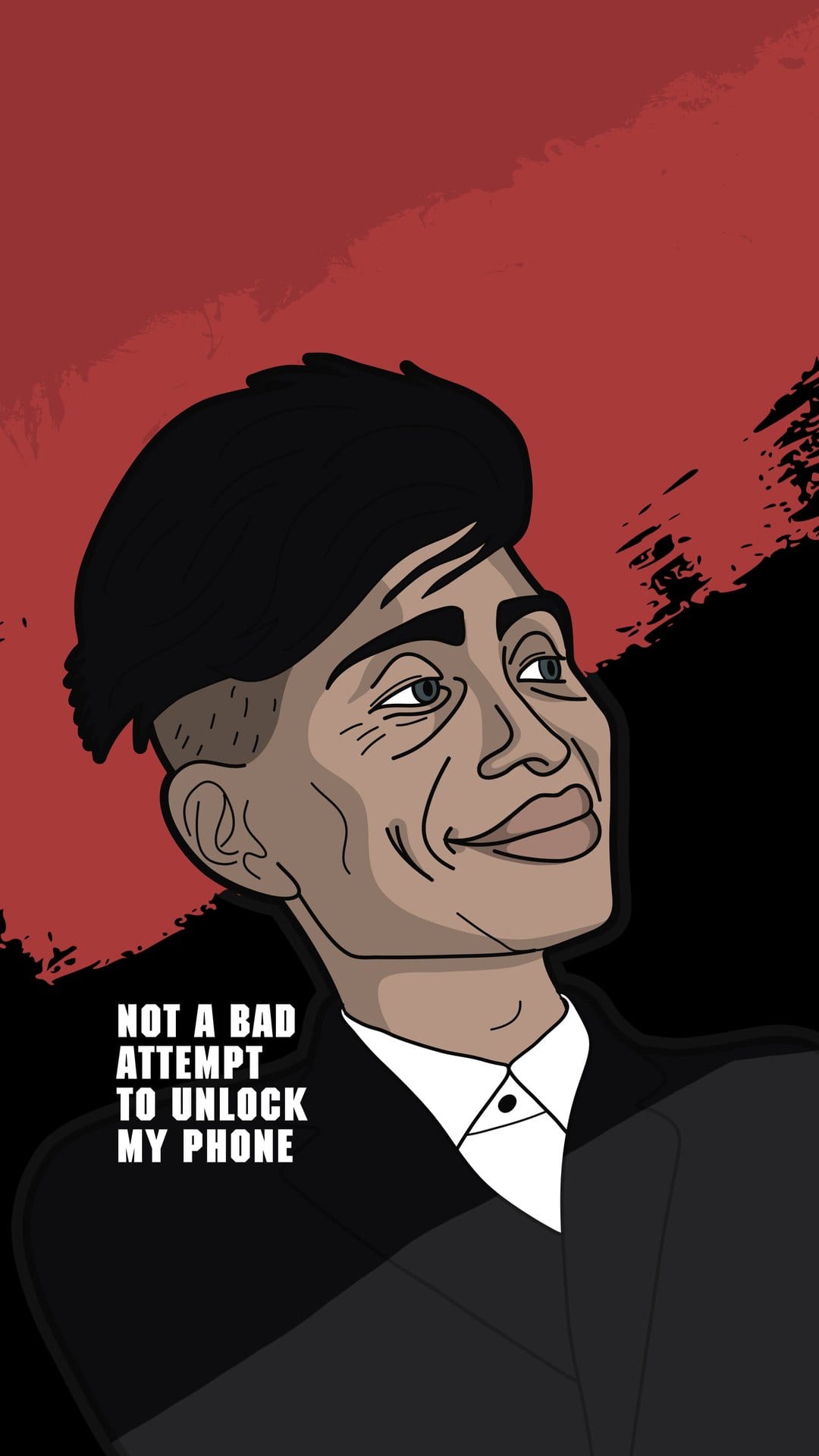 Thomas Shelby looks up with a slight smile against a textured red and black background with white text overlay.