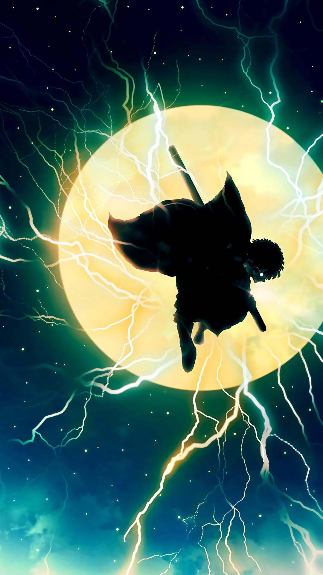 Shadowy warrior leaps across a massive yellow moon as white lightning strikes through a dark starry night sky.