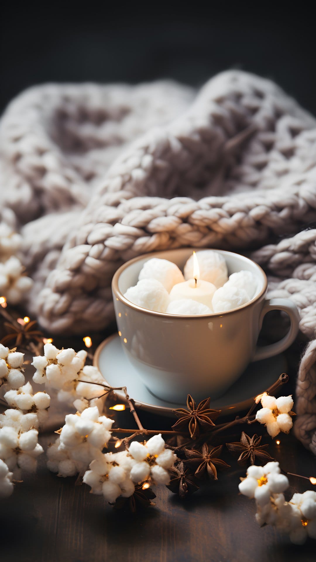 Candle flame flickering in a mug surrounded by a chunky knit blanket, cotton stems, and twinkling fairy lights.