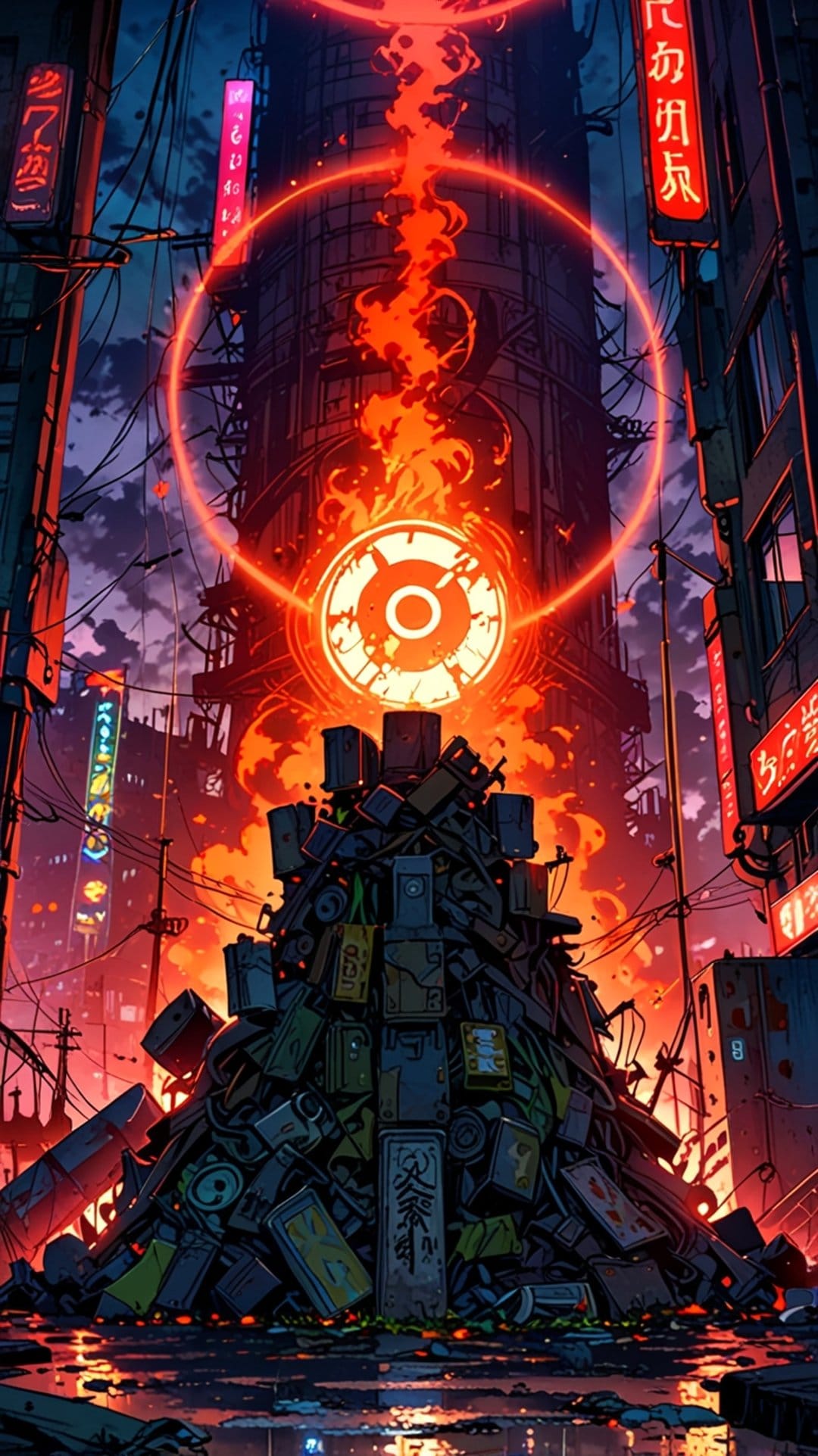 Fiery orange portal swirling above a massive pile of electronic waste and wires in a dark neon cyberpunk city.