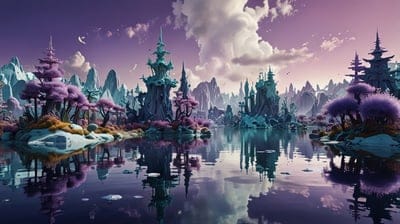 Art,Wallpaper,Ai Art,Ai Wallpaper,Desktop Wallpaper,Artwork,Nature,Purple,Water,Clouds,Lake,Rocks
