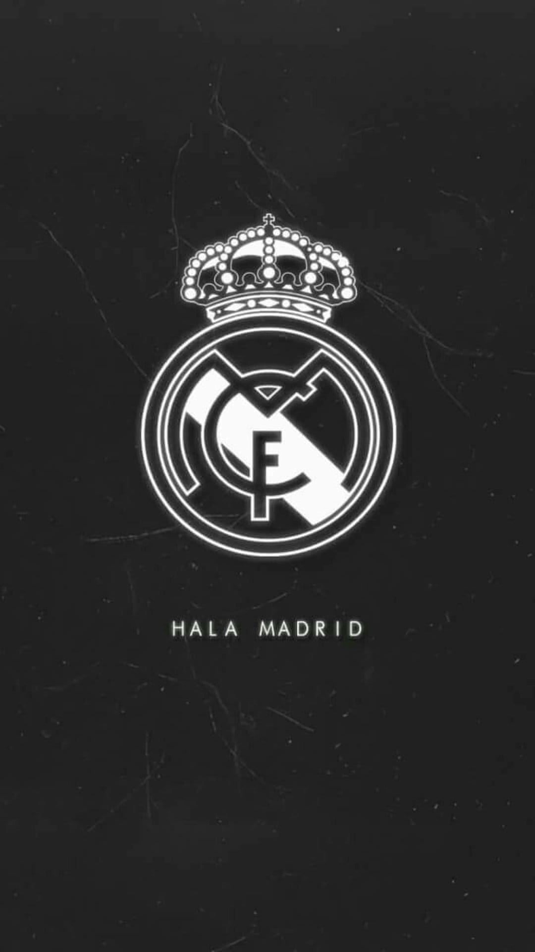 Real Madrid crest with a royal crown and Hala Madrid text displayed on a dark, textured vertical background.