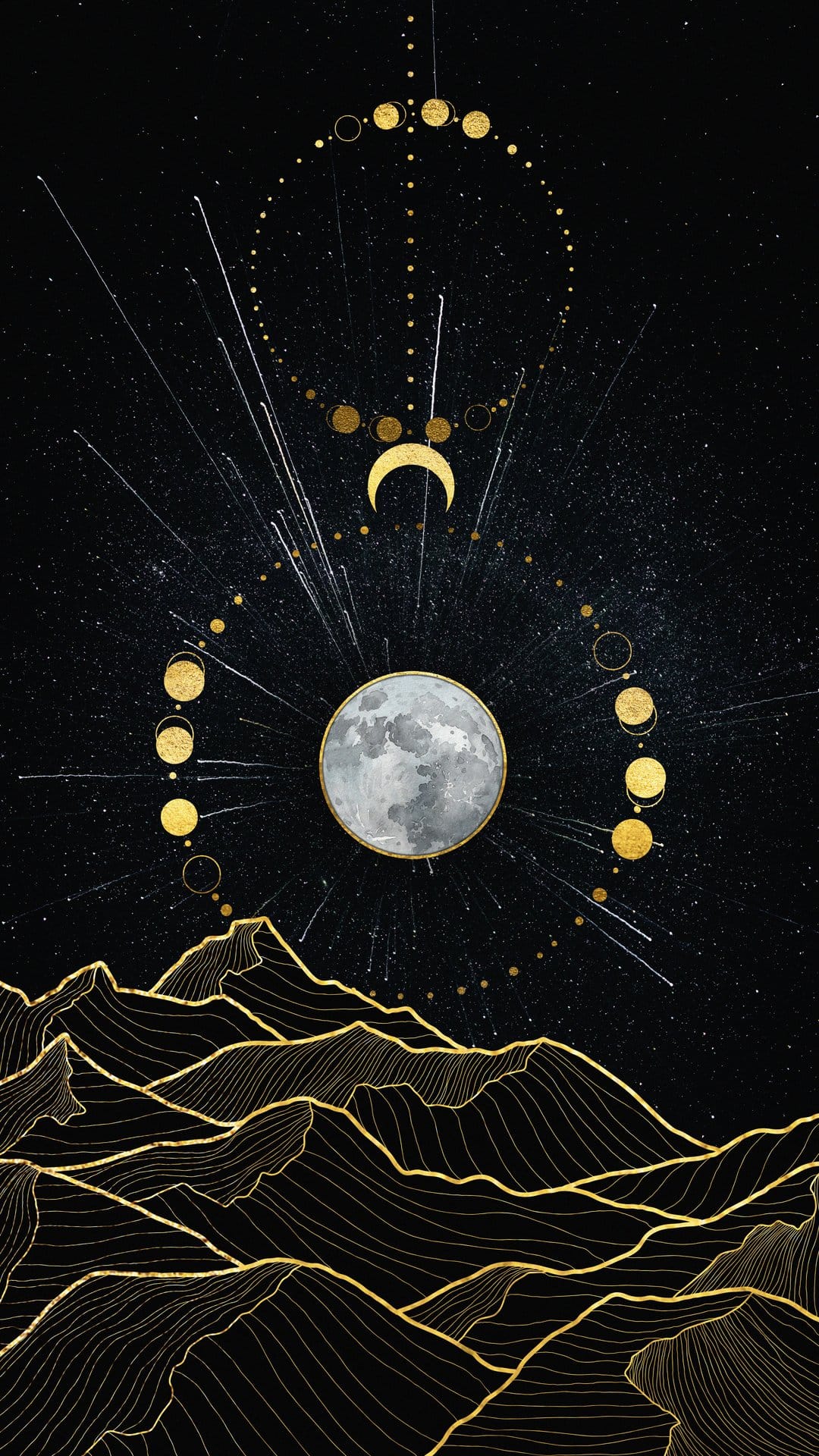 Golden mountain peaks sit beneath a series of lunar phases and a full moon against a dark black starry sky.