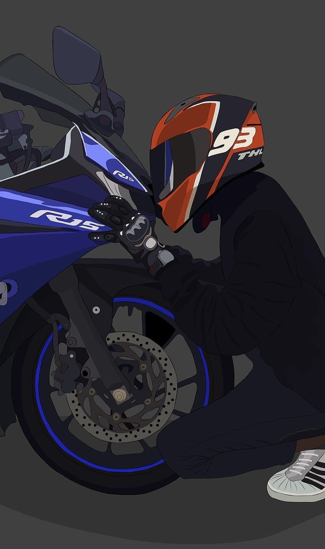 Motorcyclist in a number 93 helmet crouches to inspect the blue fairing and front wheel of a Yamaha R15 bike.