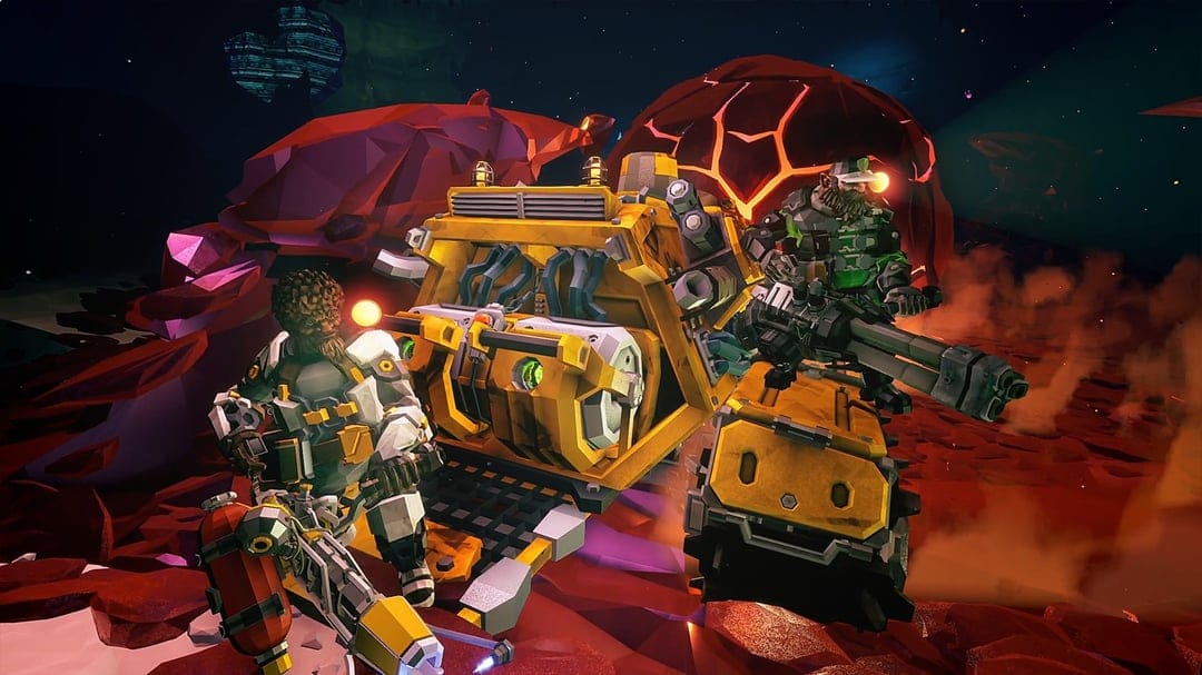 Two space dwarves with heavy weapons pose by a yellow mining drill on a red alien planet with glowing pods.