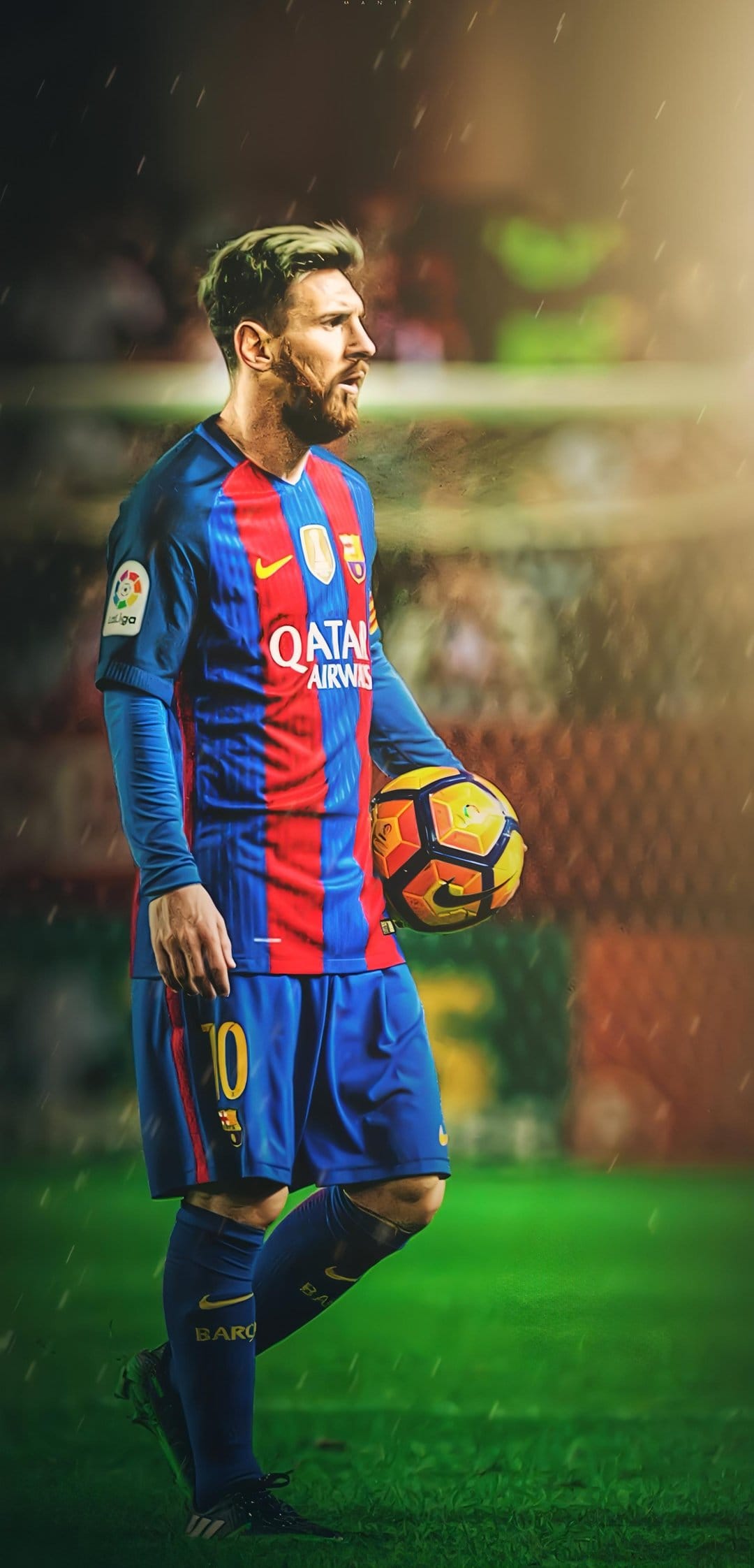 Lionel Messi wearing a Barcelona kit holds a soccer ball during a heavy rainstorm on a dark football pitch.