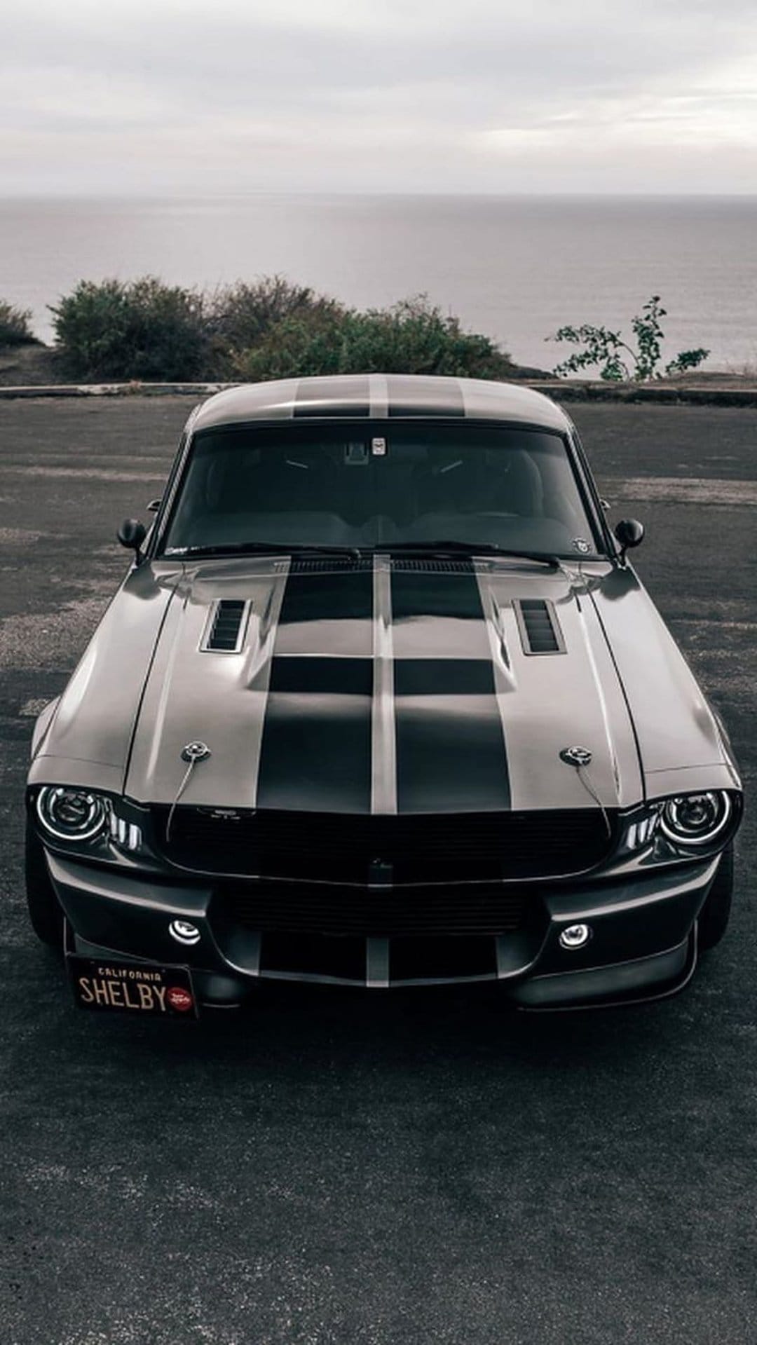 Shelby Mustang with racing stripes parked on a cliff overlooking the blue California ocean on a sunny day.