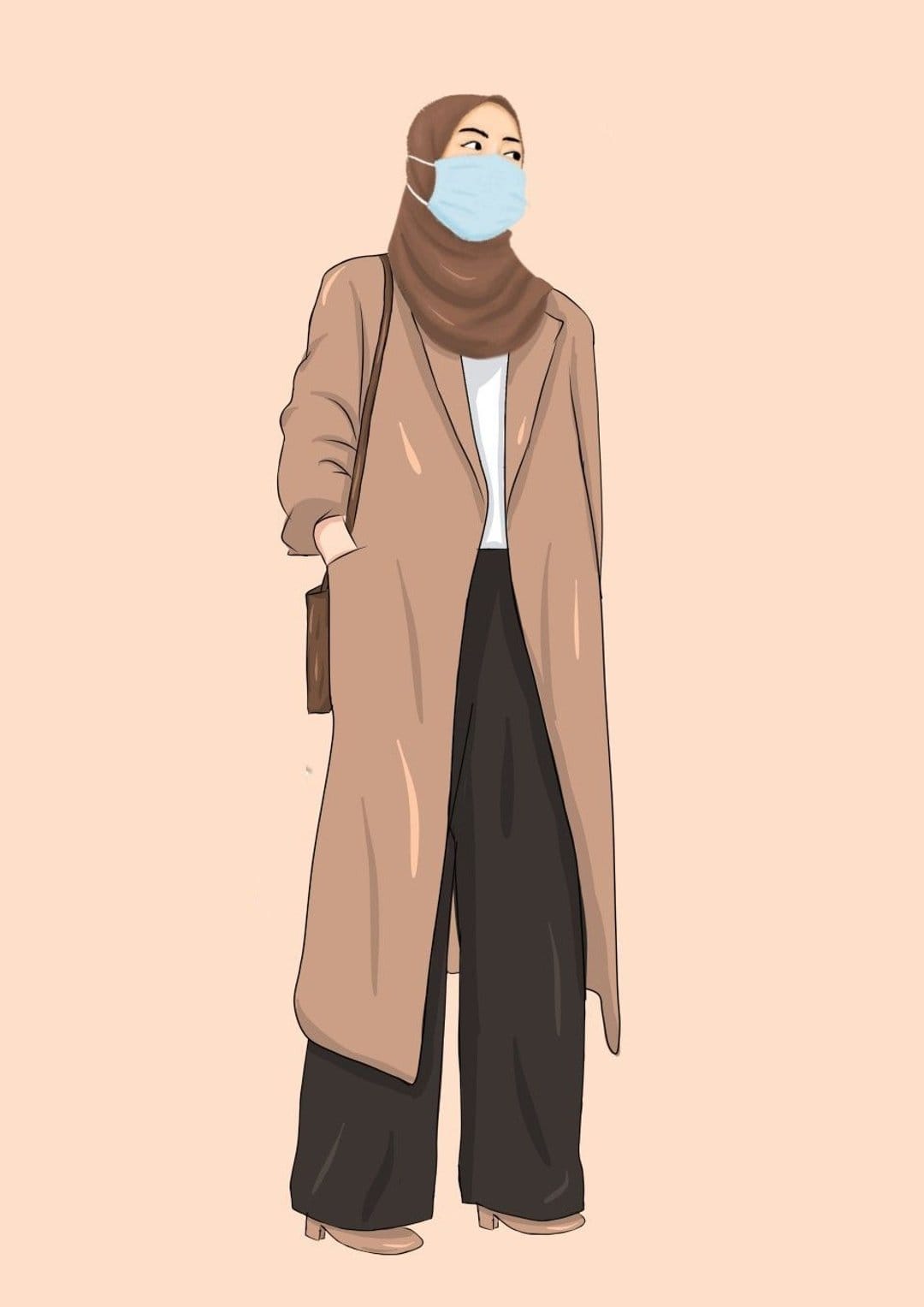 Woman in a brown hijab, face mask, and beige coat stands against a peach background in this modest fashion scene.