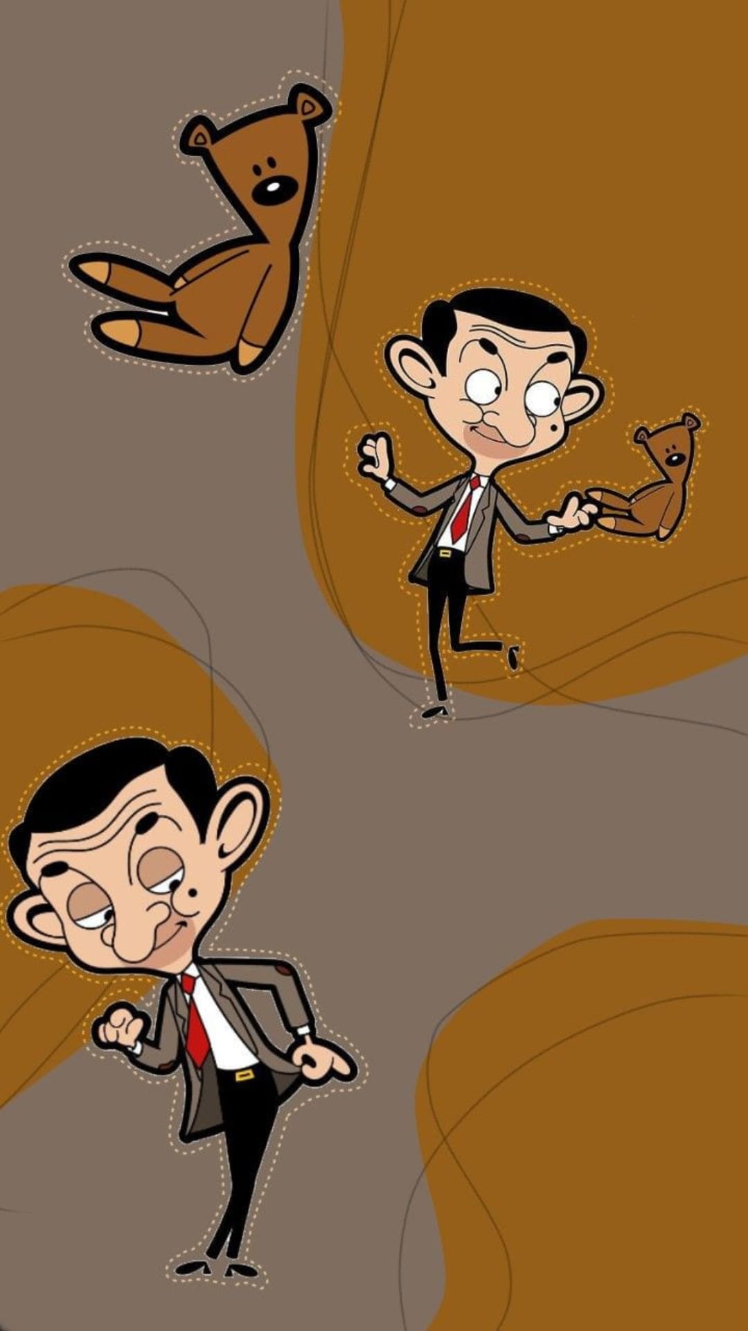 Mr. Bean and Teddy bear pose amidst abstract brown swirls and organic shapes in a vertical character composition.