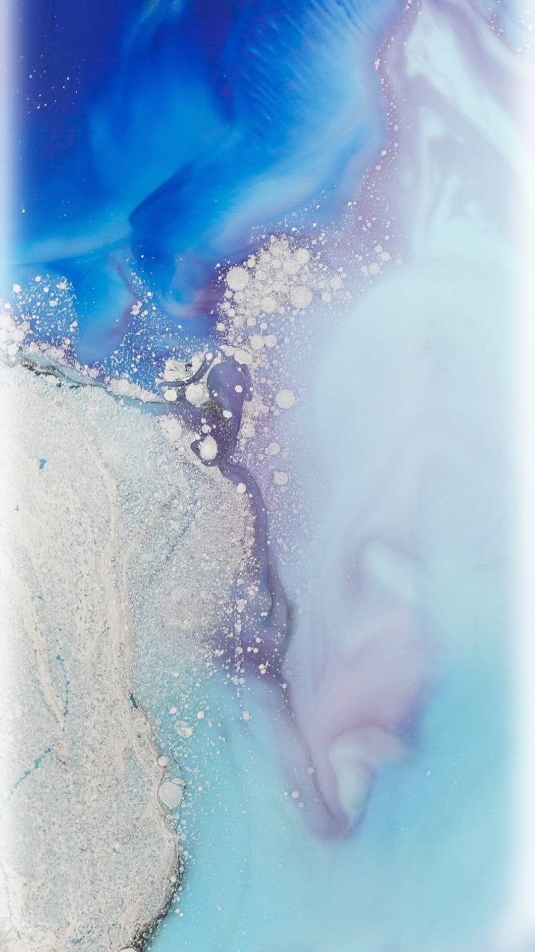 Swirling patterns of navy and violet liquid move vertically with scattered white sparkling particles.