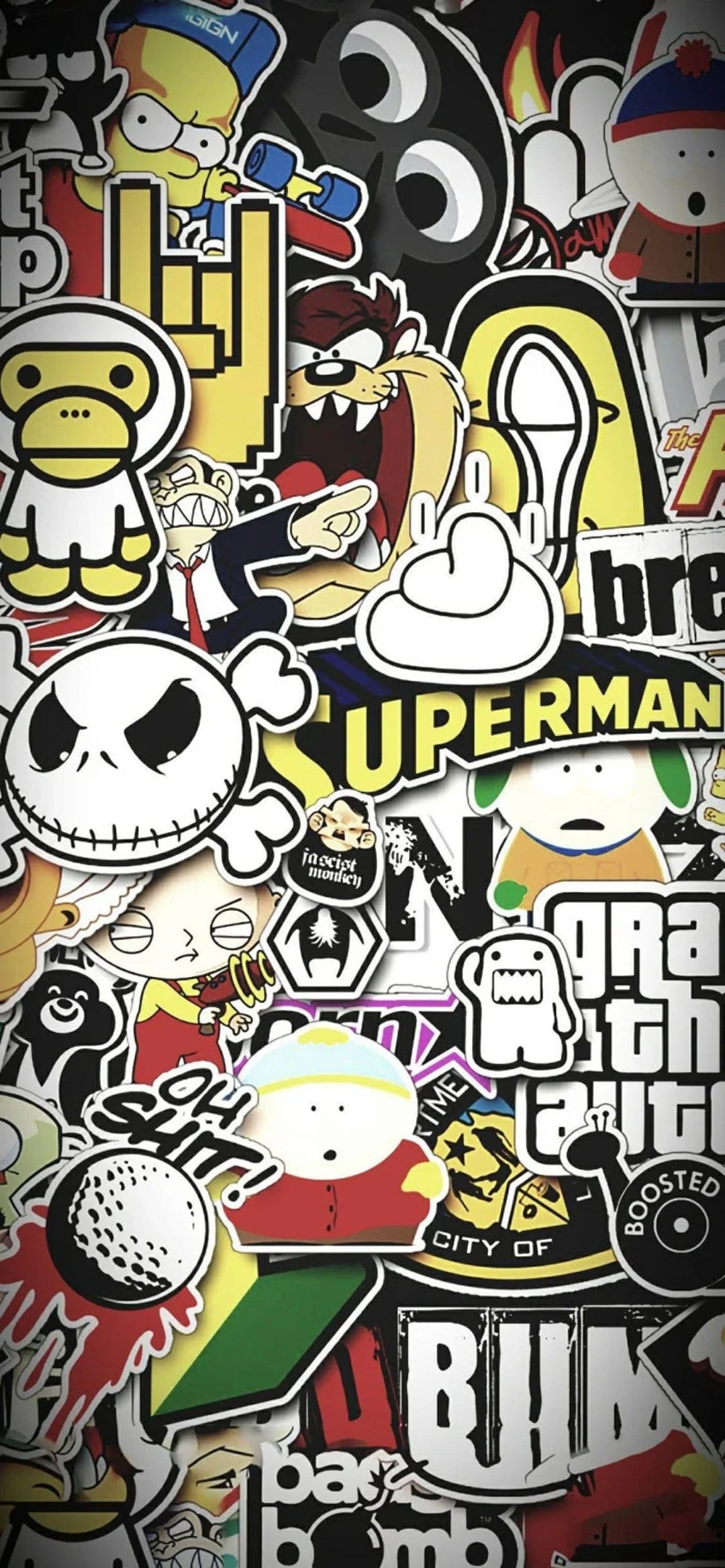 Bart Simpson, Stewie Griffin, and Superman stickers overlap in a colorful graffiti collage for mobile screens.
