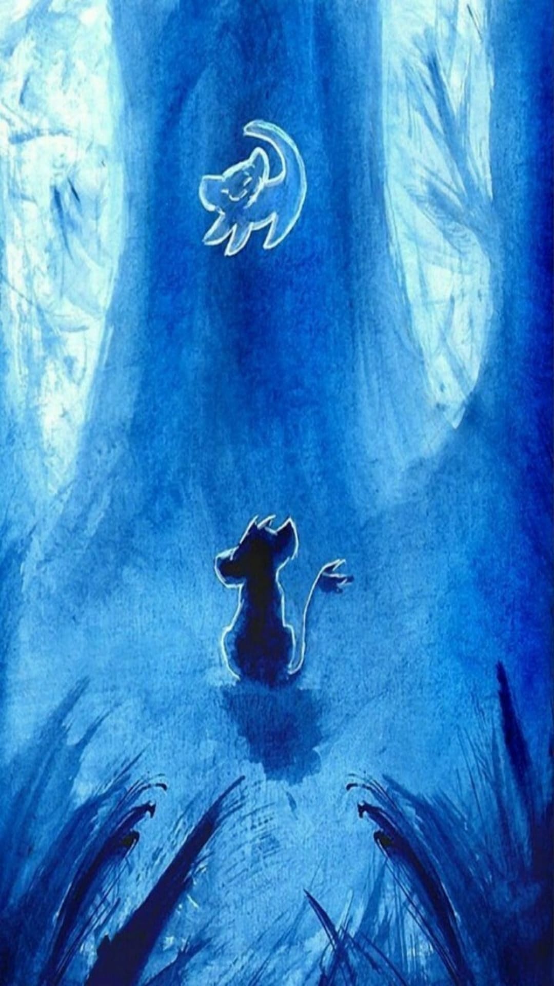 Lion cub silhouettes rest among abstract blue trees with one glowing figure perched on a distant high branch.