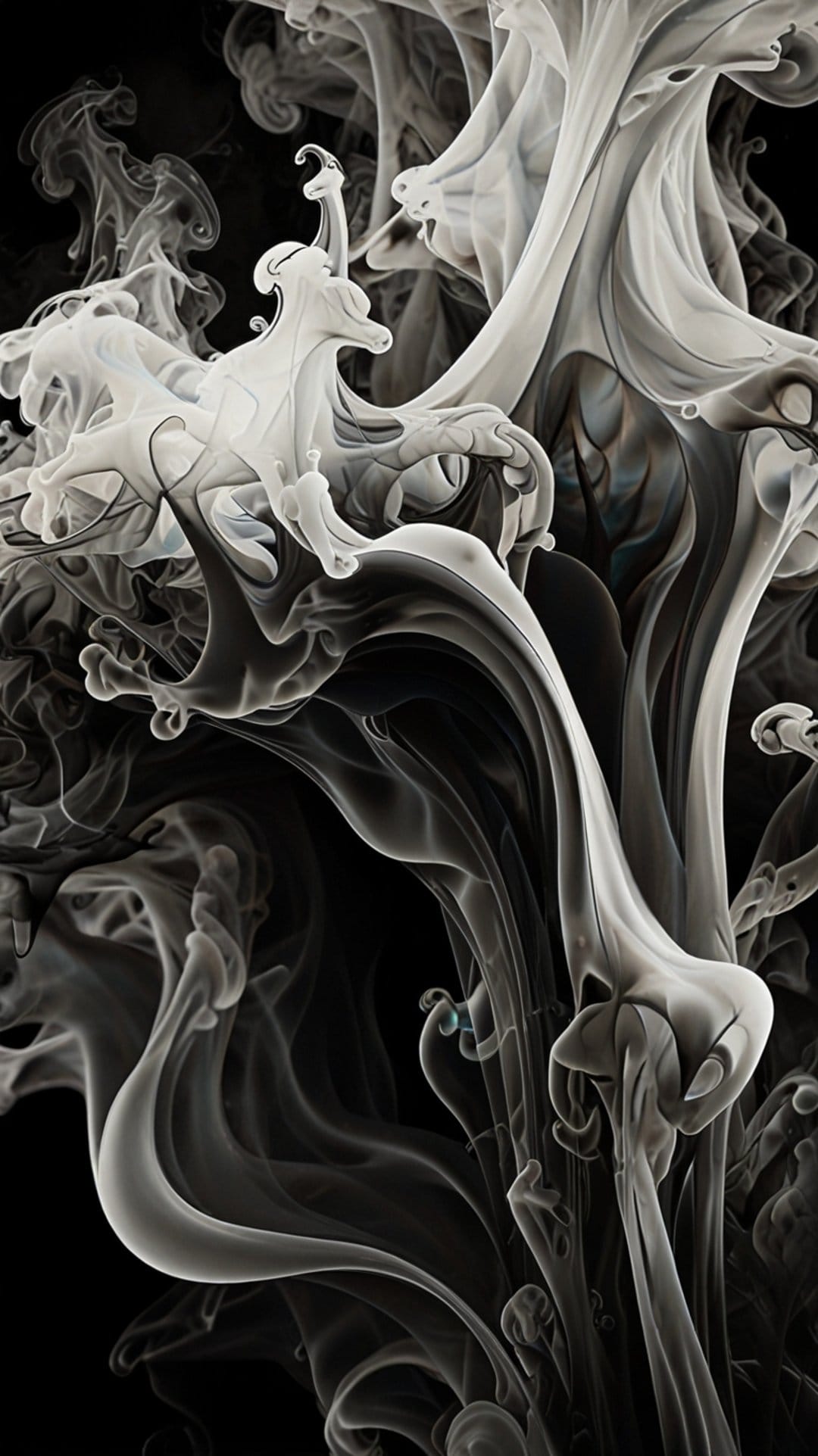 Swirling white smoke tendrils rise against a black background with soft gradients and fluid monochromatic patterns.