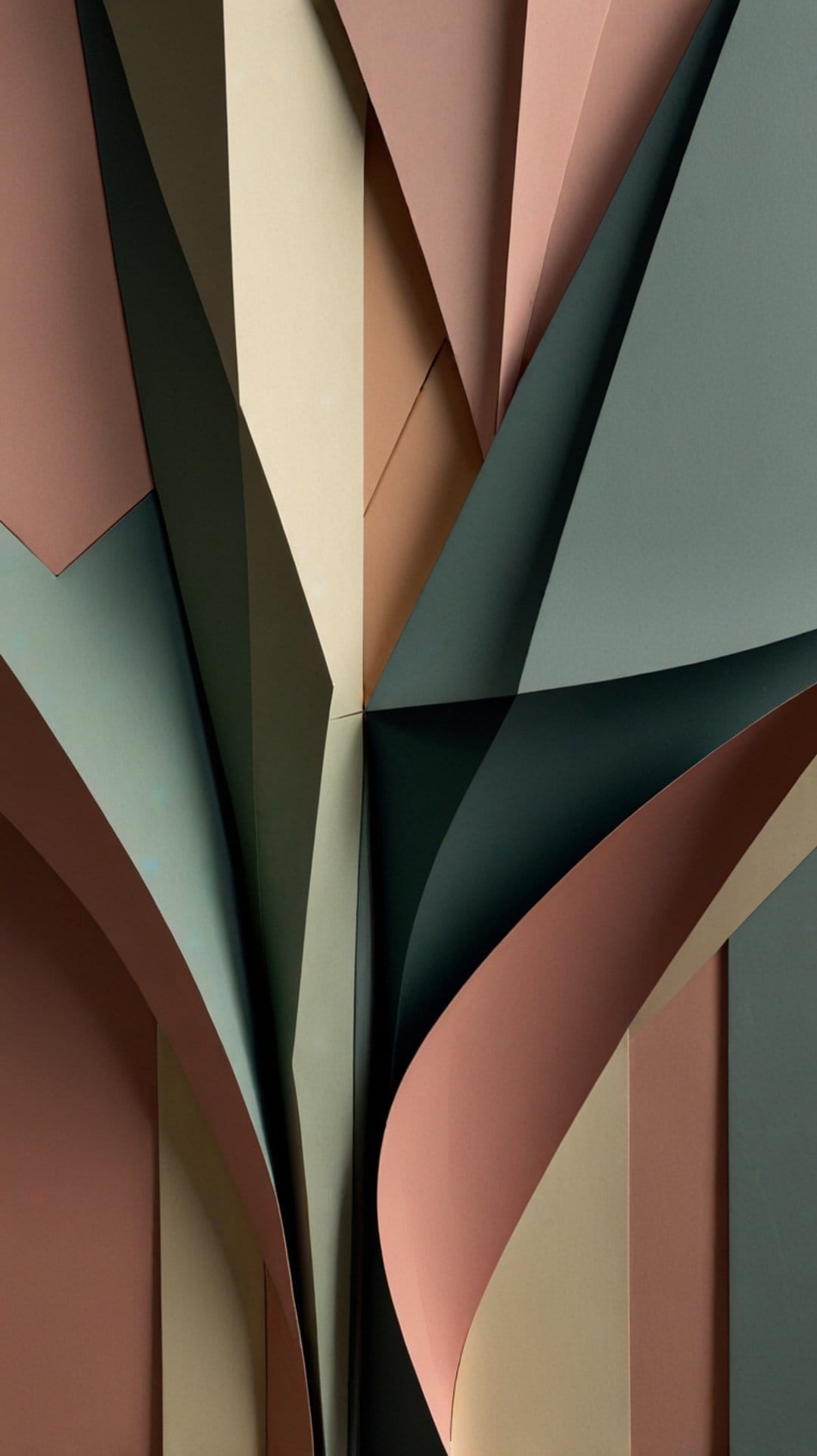 Folded terracotta and olive paper layers form a 3D geometric composition with soft shadows and sharp edges.