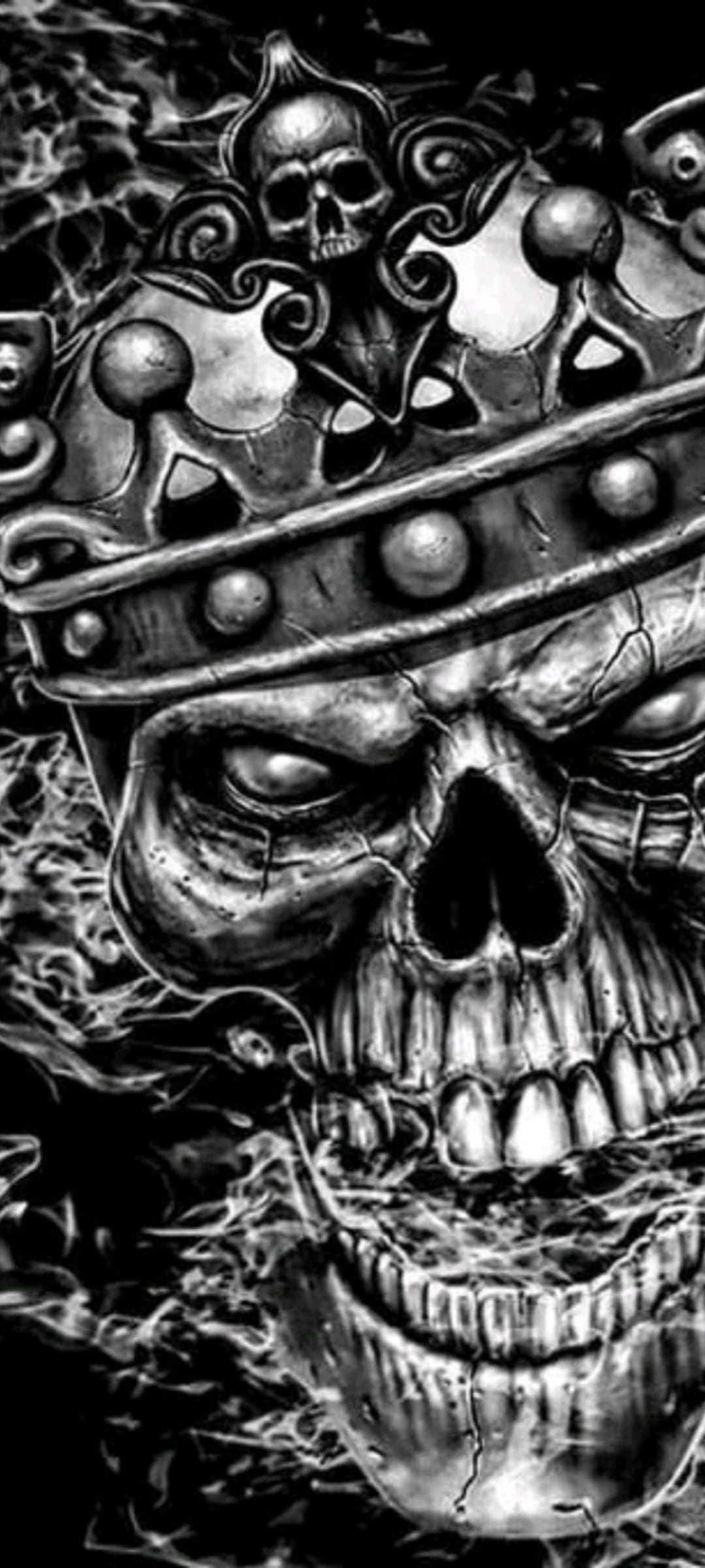 Skeletal king wearing a crown of miniature skulls surrounded by thick wisps of grey smoke against a black background.