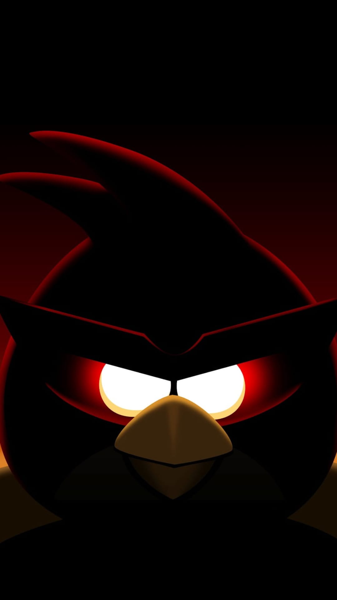 Bomb the black Angry Bird stares forward with glowing red eyes against a dark, shadowy gradient background.