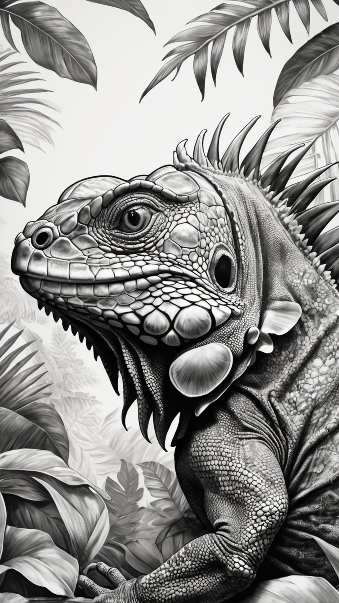 Detailed iguana head among jungle foliage features intricate skin textures in a dramatic black and white palette.