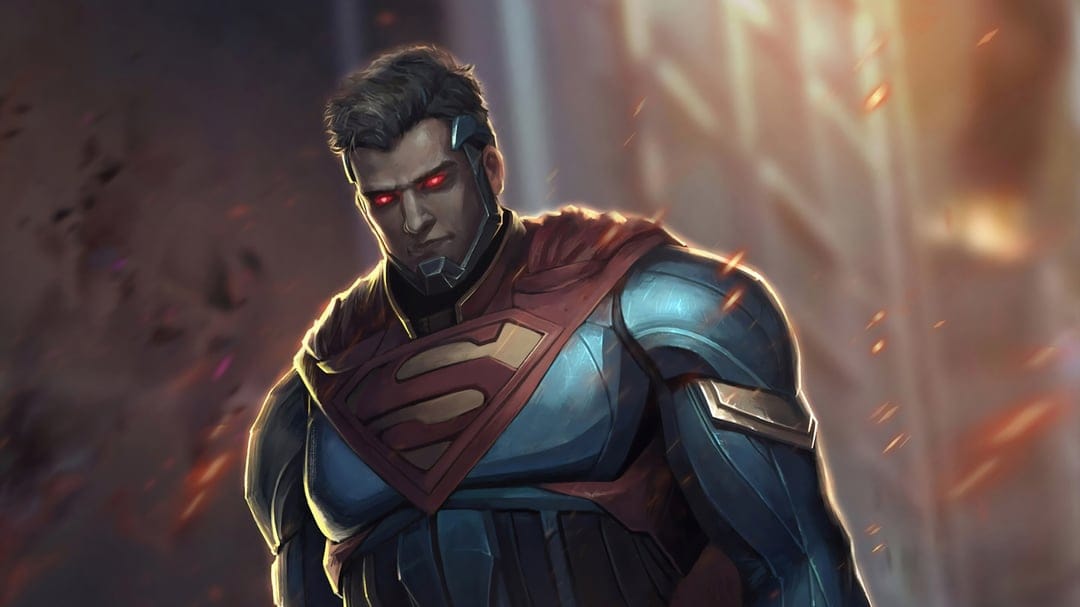 Armored Superman with glowing red eyes and a metallic suit stands amidst embers in a cinematic landscape.