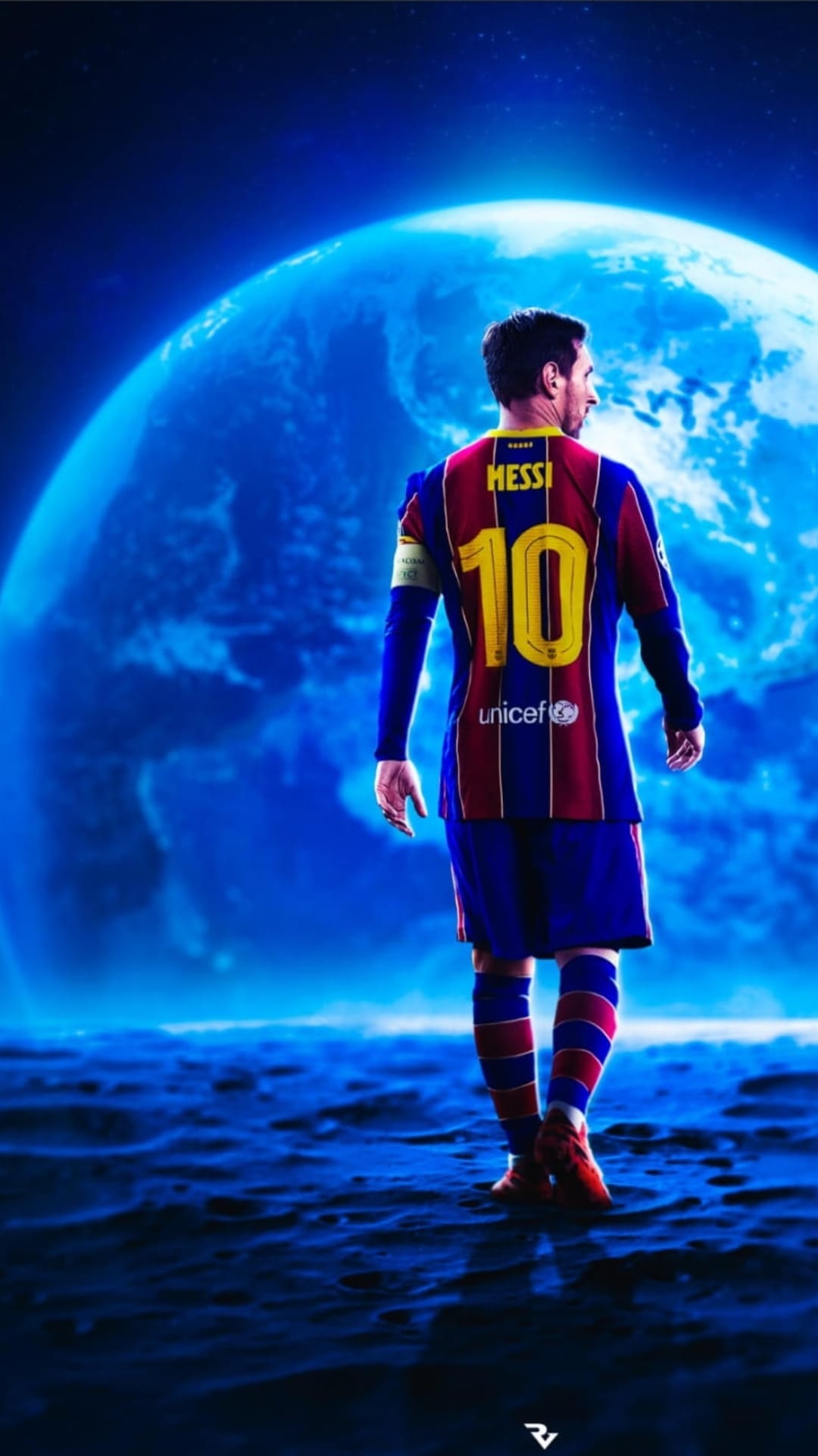 Lionel Messi in a blue and red soccer kit stands on a dark rocky moon with a large blue Earth in the night sky.