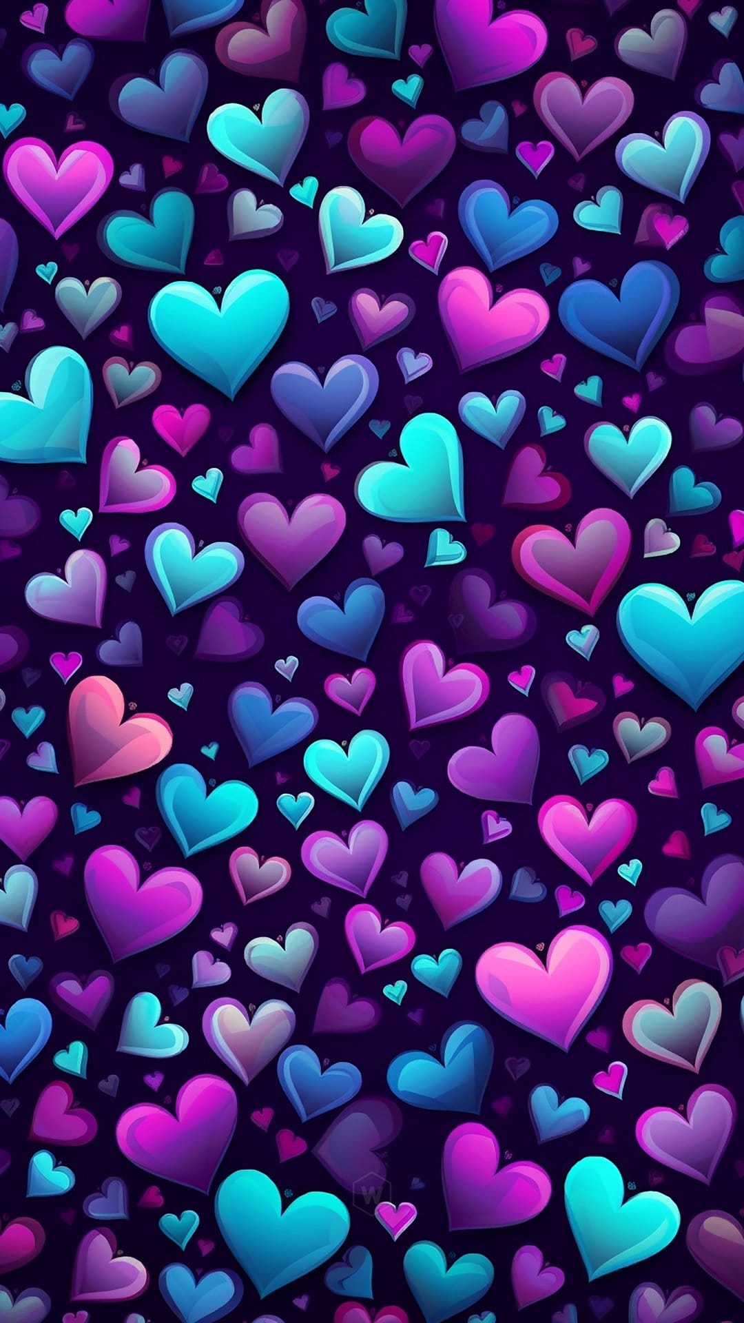 Stylized hearts in neon pink, blue, and purple scatter across a dark background in a dense, layered pattern.