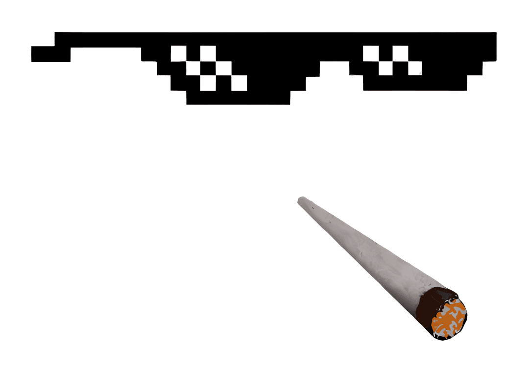 Pixelated sunglasses and cigarette graphic featuring sharp black edges and a white lit tip on a transparent base.