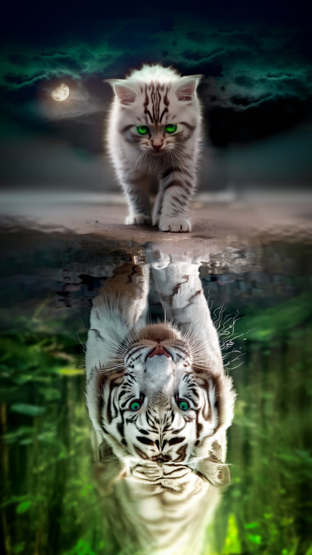 Tabby kitten stands on a dark reflective surface looking at its mirror image of a majestic white tiger at night.