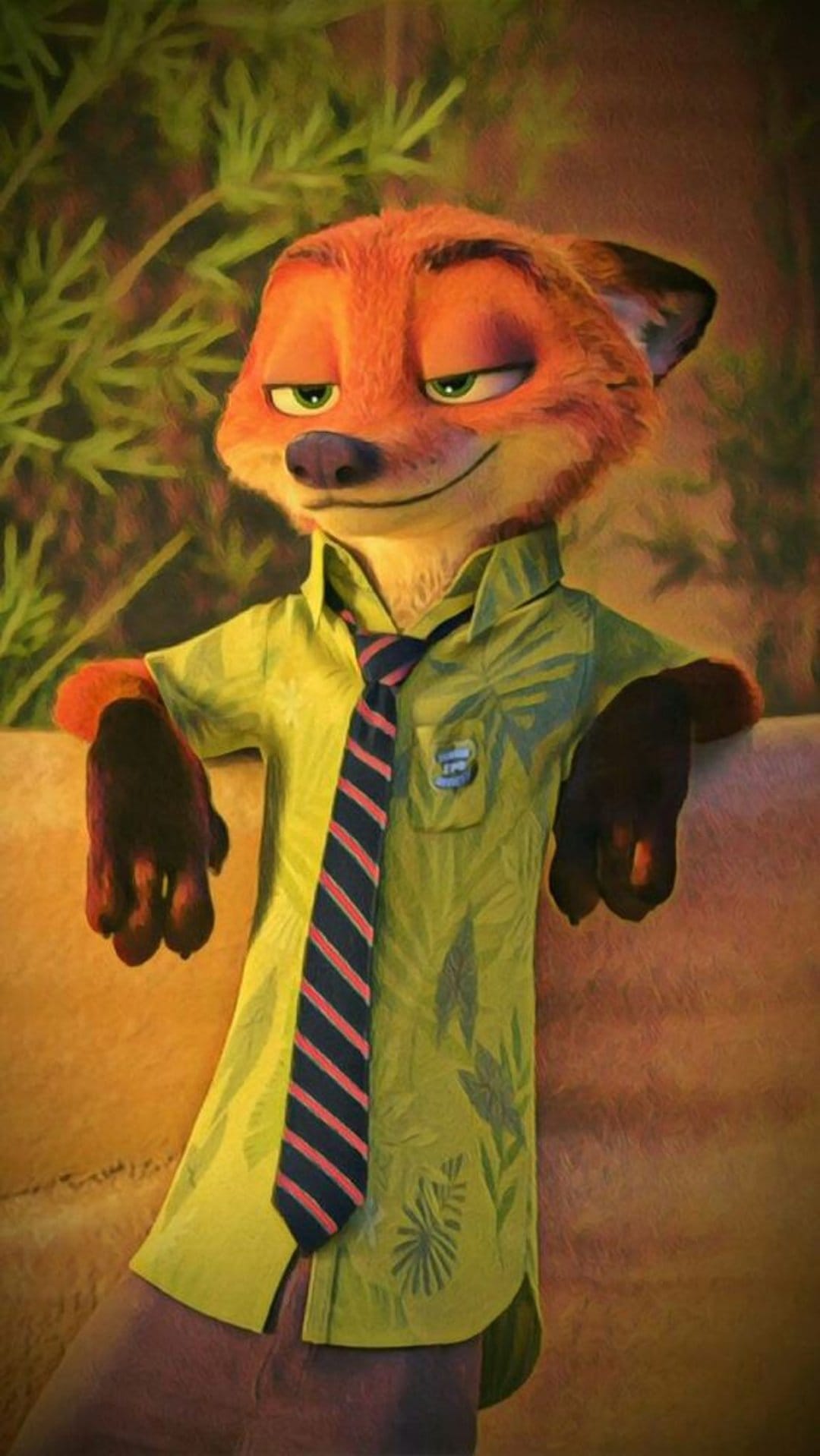 Nick Wilde wears a green Hawaiian shirt and striped tie with a sly smirk against a blurred forest backdrop.