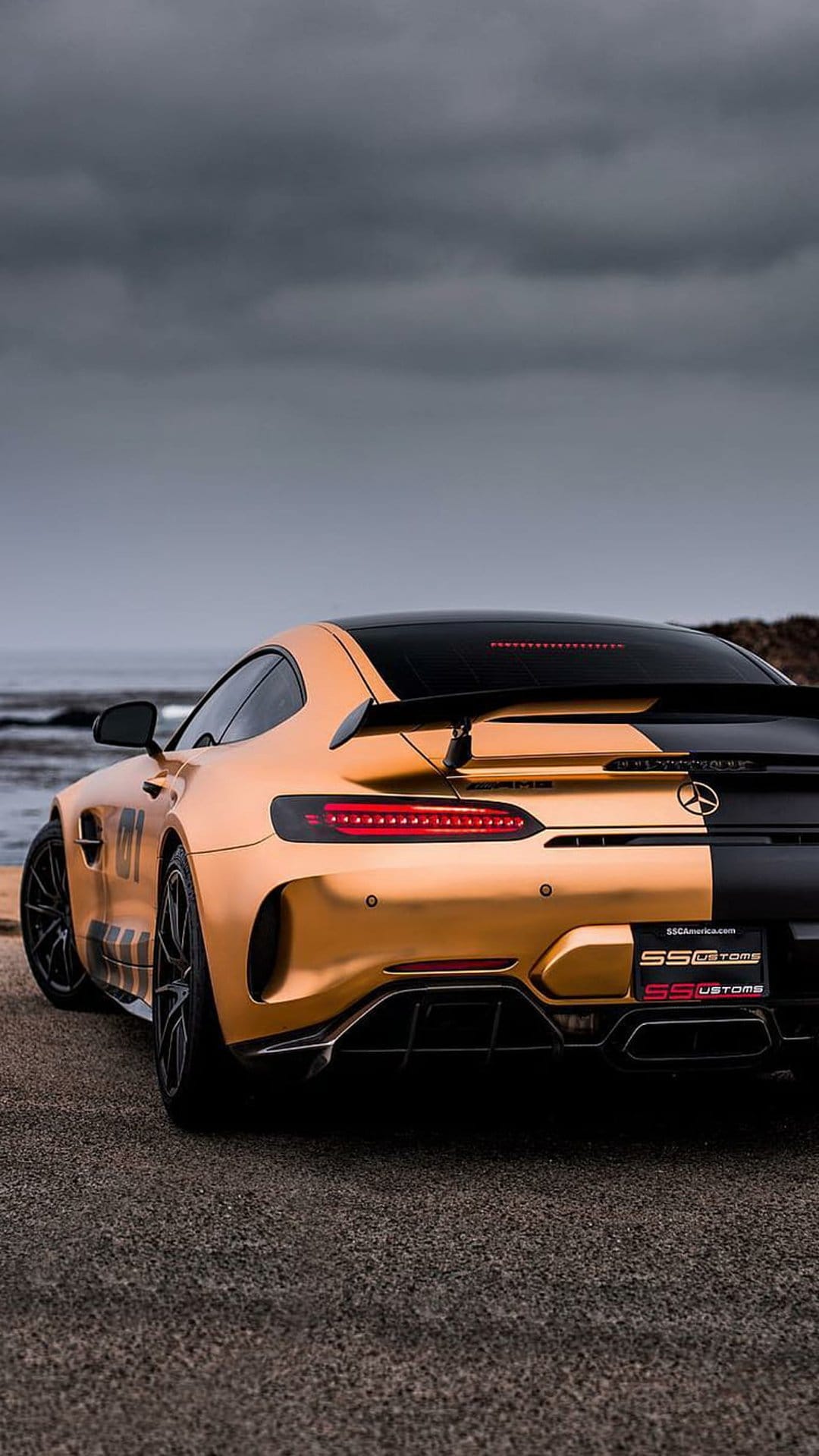 Mercedes-AMG GT S with gold and black paint parked on gravel by the ocean under a cloudy sky in a rear view shot.