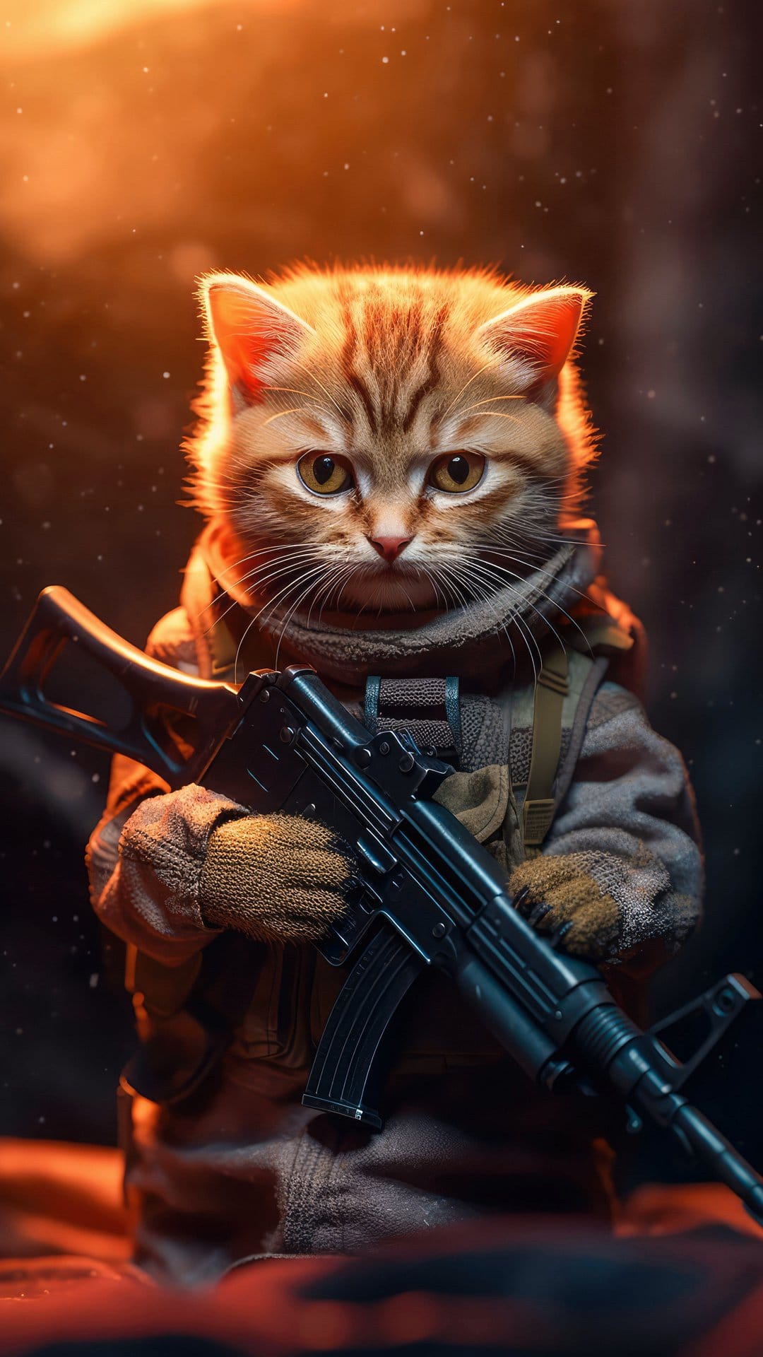 Tabby kitten in tactical military gear holding a rifle with glowing particles and warm dramatic backlighting.