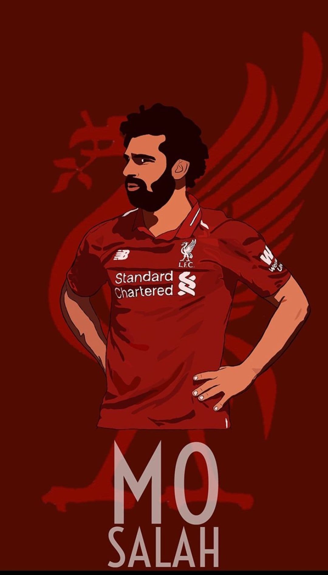 Mohamed Salah wearing a red Liverpool kit with a faint Liver bird crest and bold white text at the bottom.