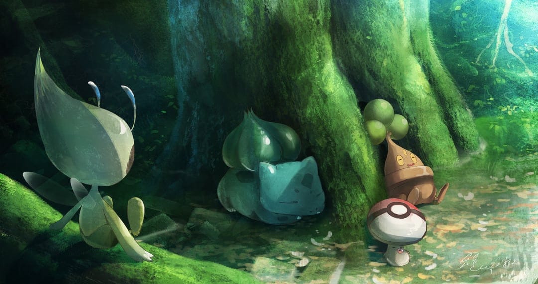 Celebi and a sleeping Bulbasaur rest in a lush forest with mossy tree roots and soft, dappled sunlight.