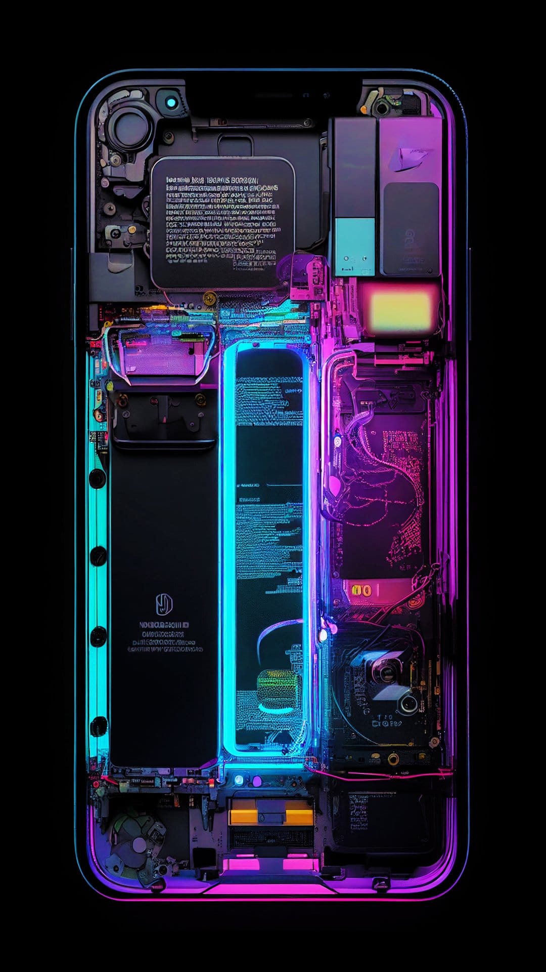 Internal smartphone hardware glows with neon pink and blue light, revealing the battery and complex circuit board.