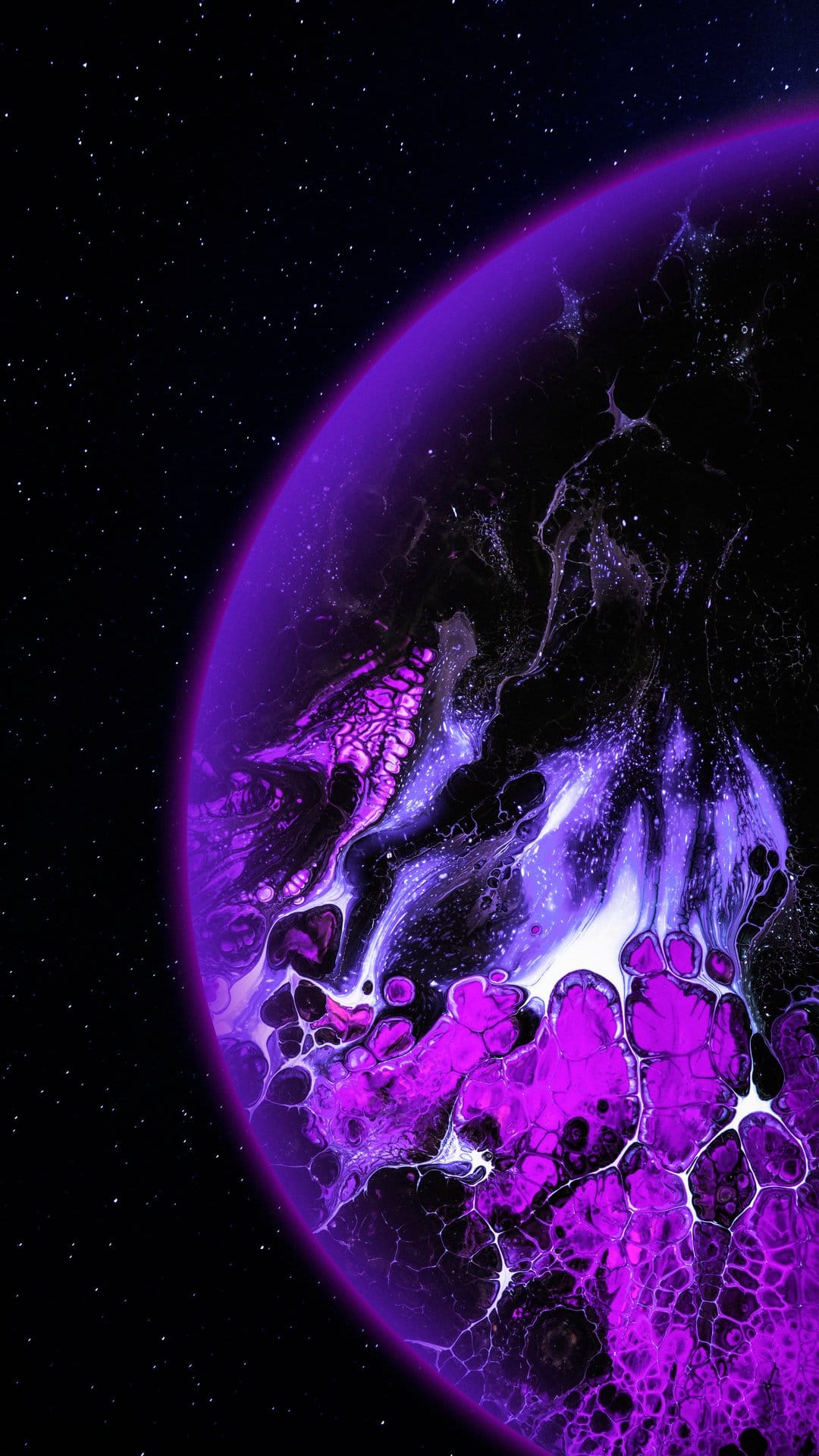 Purple planet with swirling white marble textures floats amidst a dense field of distant stars in deep space.