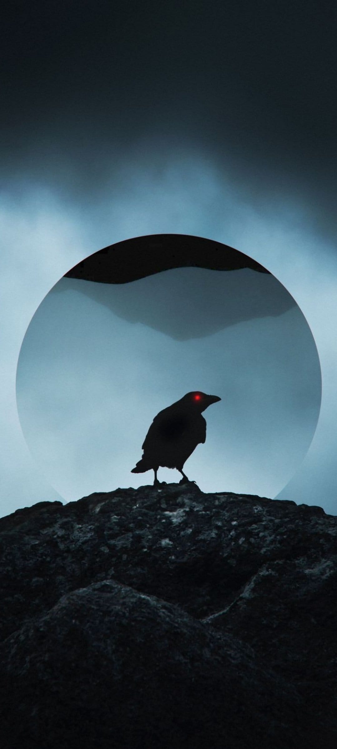 Black raven with glowing red eyes perched on a jagged rock against a large full moon in a cloudy night sky.