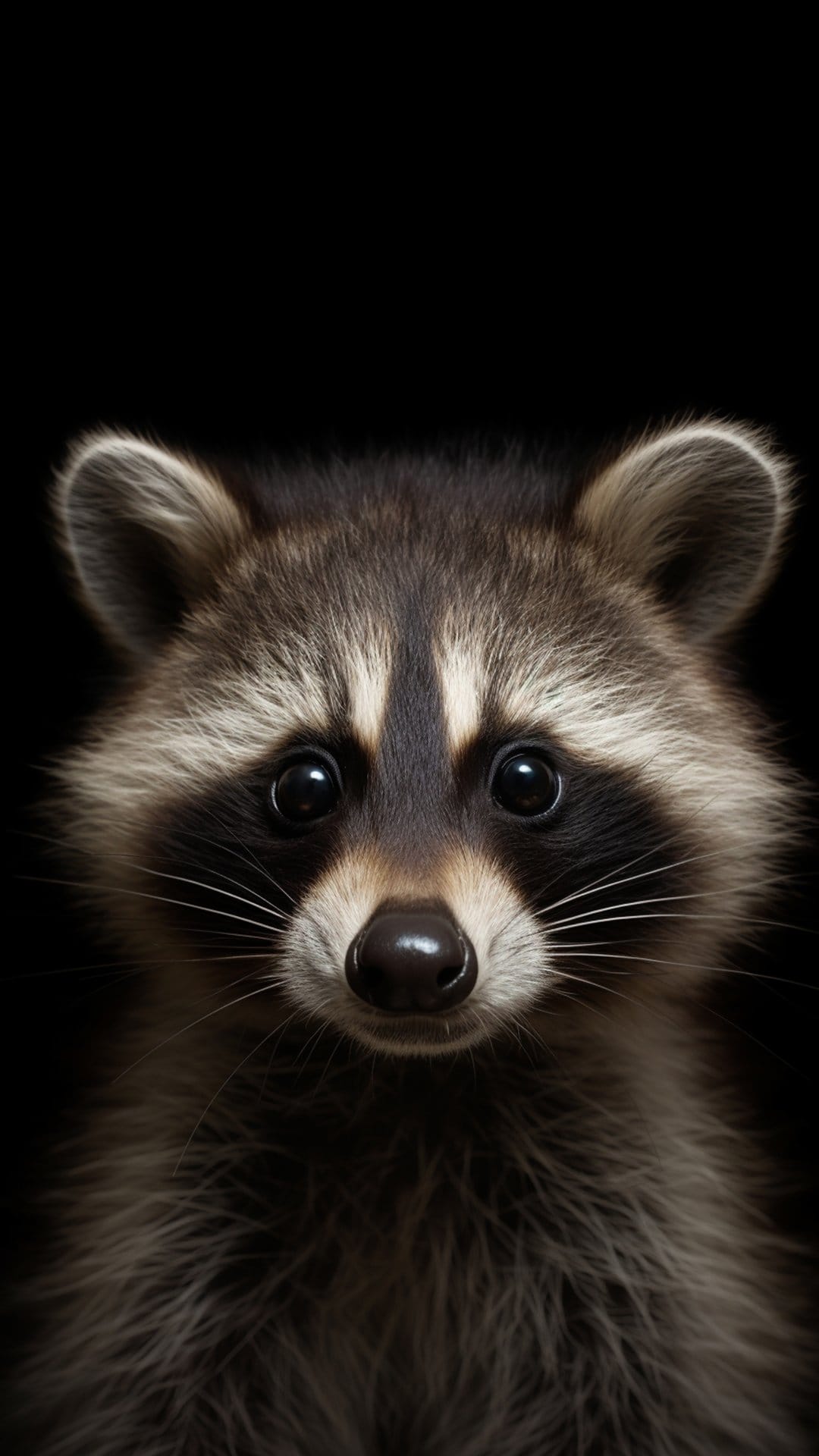 Raccoon face with a black mask and bright eyes peering from a dark background with detailed silver fur and whiskers.