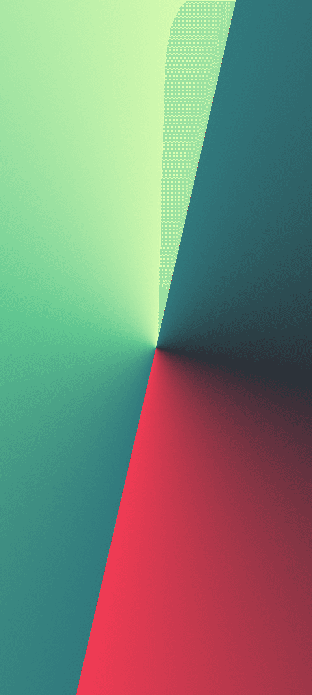 Green and teal radial gradient spokes converge with a sharp red wedge in a central geometric pattern.