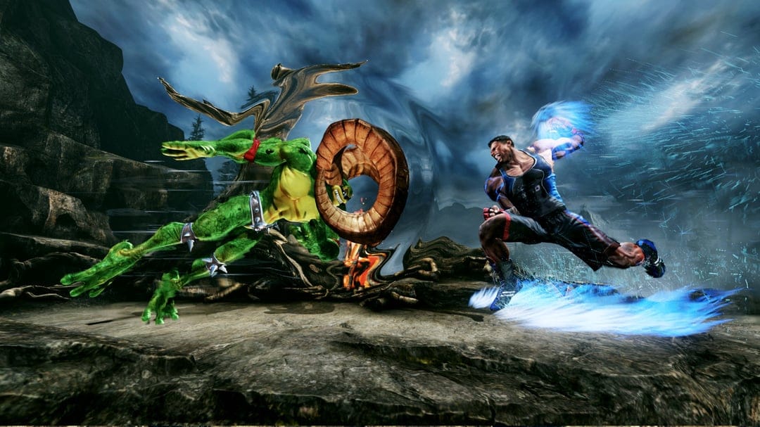 Rash as a wooden ram head fights TJ Combo with blue energy streaks against a rocky mountain background.