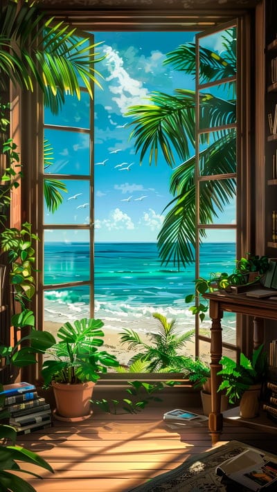 window,sea,palm trees,plants,view,tropics,art