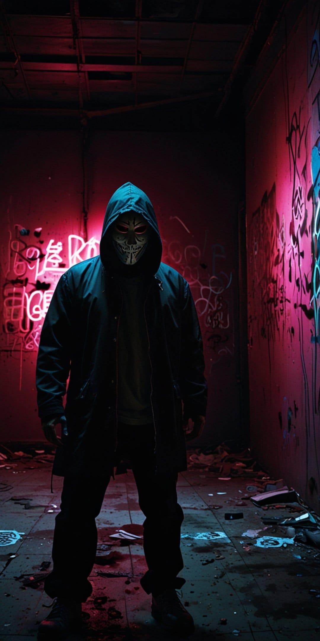 Masked figure in a black hooded jacket stands in a dark alleyway lit by red neon lights and street graffiti.