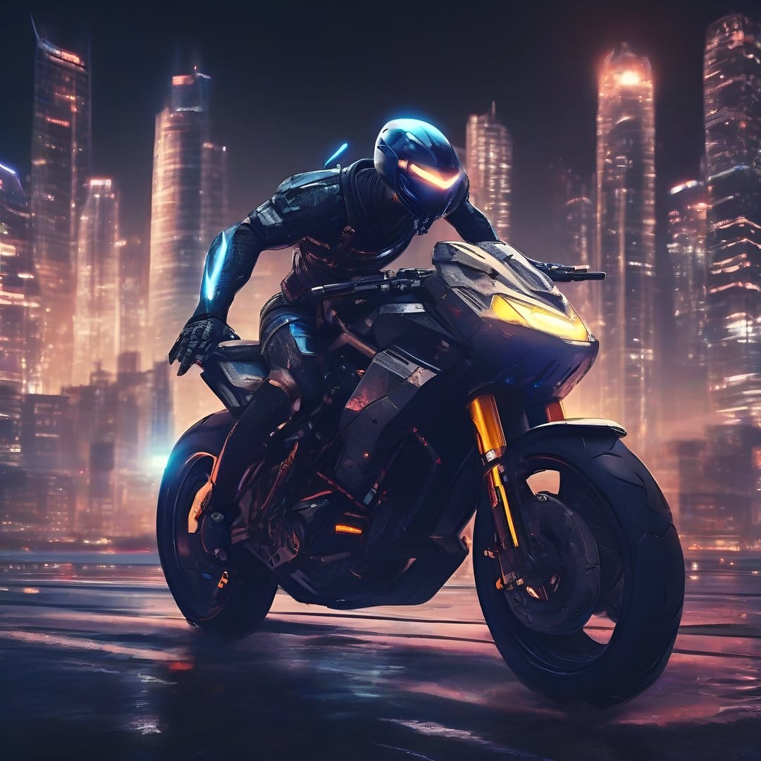 Cyberpunk biker in a glowing suit speeds on a sleek motorcycle down a rainy city street lined with neon signs.