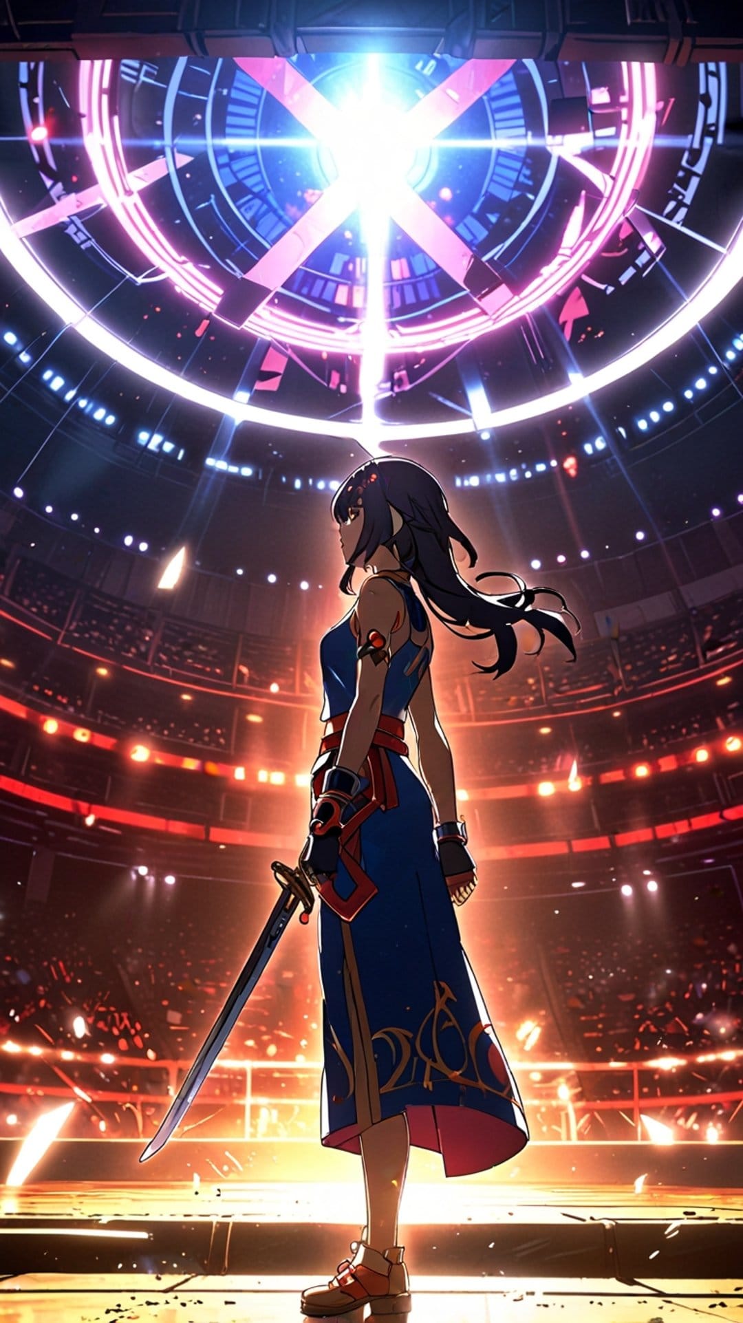 Female warrior in red and blue armor holds a sword in a stadium lit by brilliant, glowing overhead light beams.