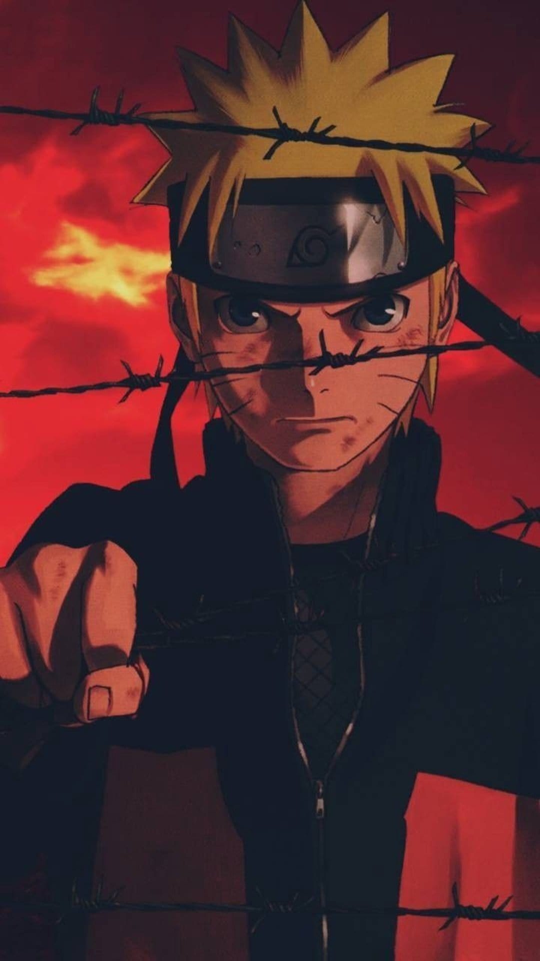 Naruto Uzumaki peers through sharp barbed wire under a deep red sky with a focused and defiant facial expression.